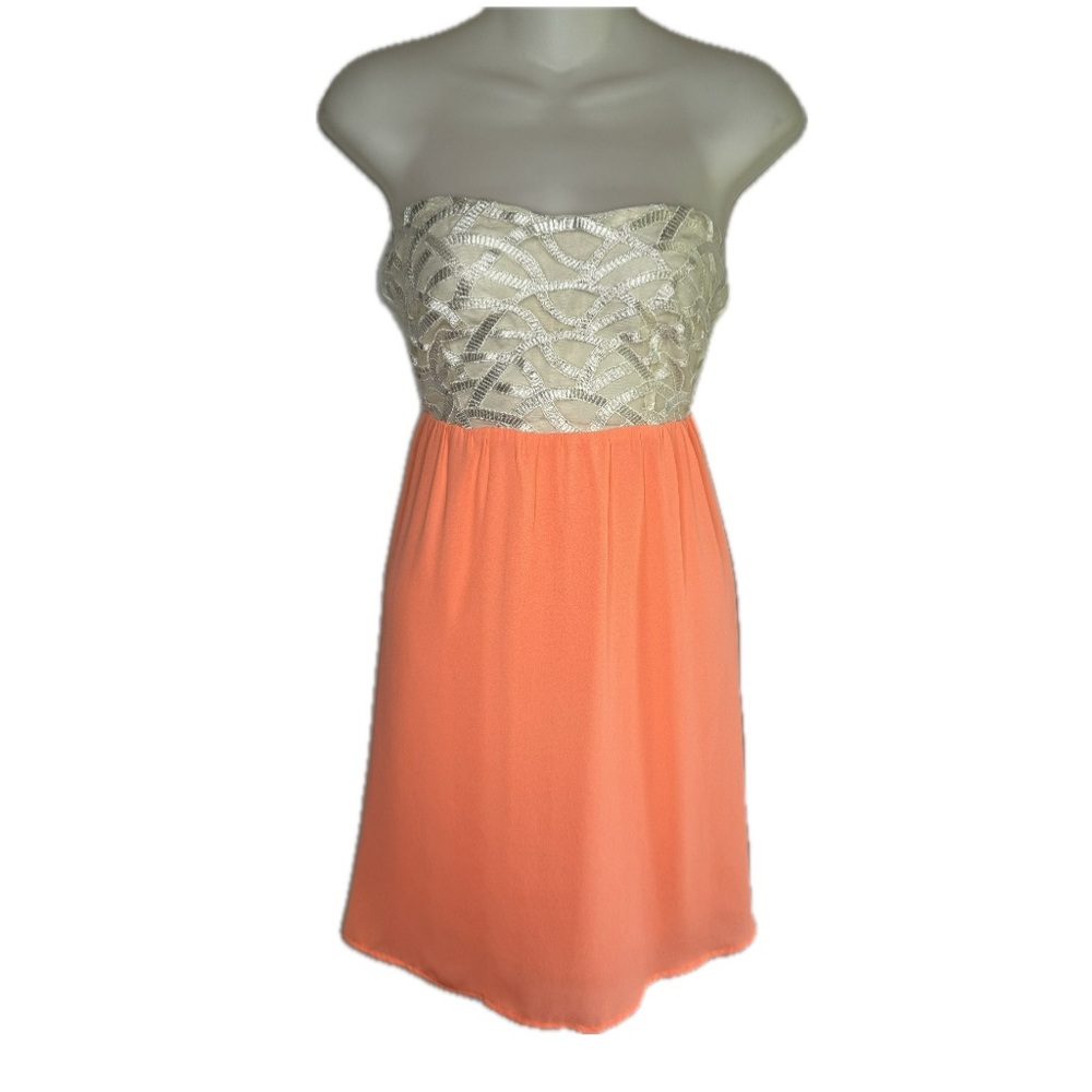 2/$25 Beautiful Strapless Coral & Ivory Lace Dress Sz S Bin S